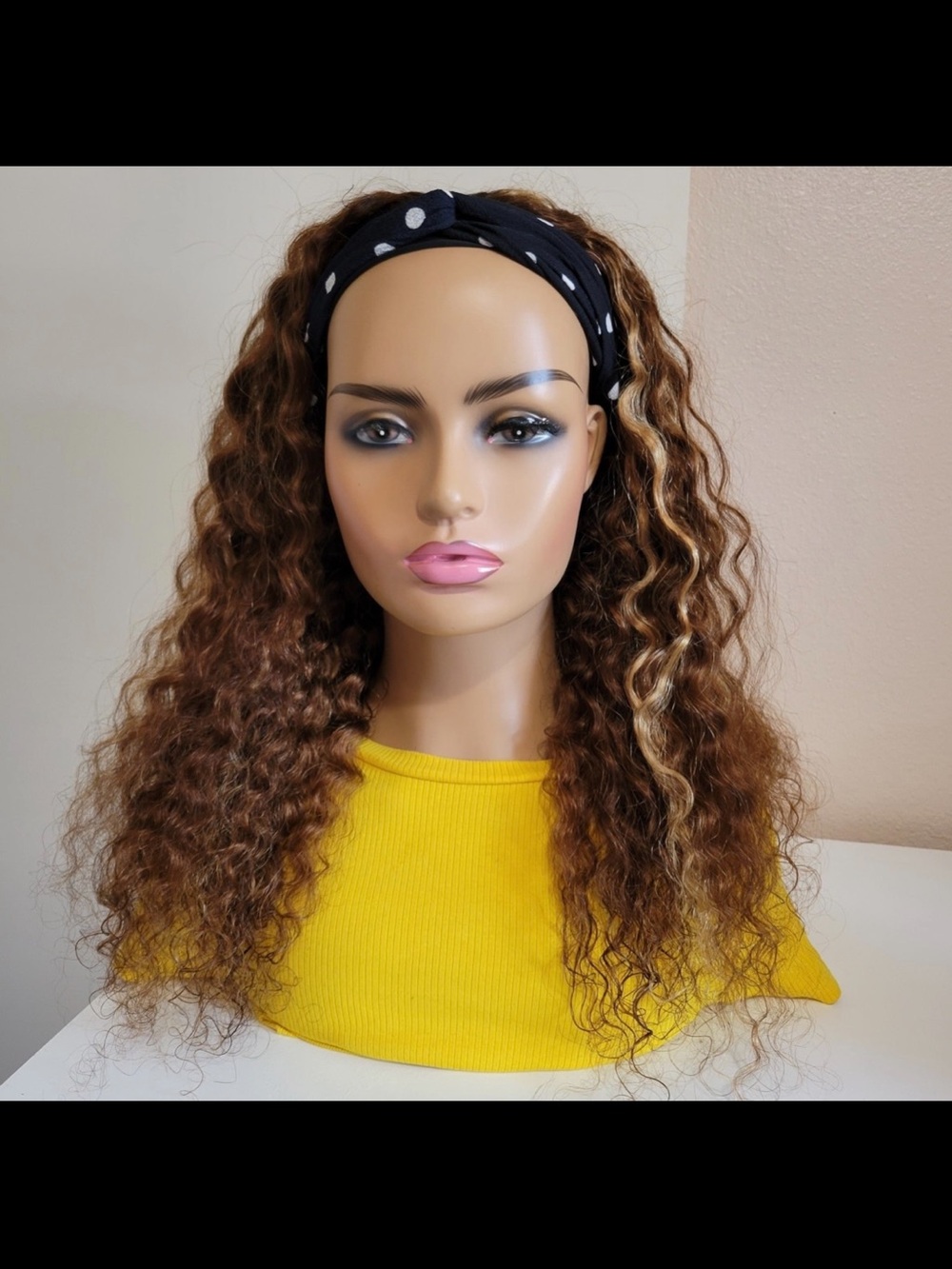 Brown Curly Headband Wig with Blonde Highlights - Womens Hair